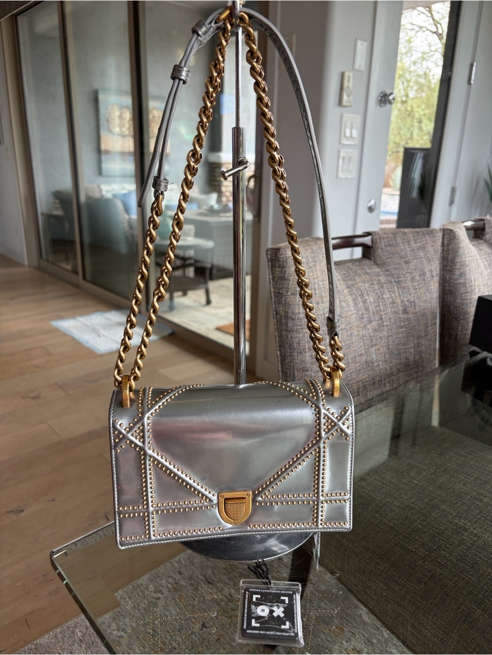 DIOR Metallic Silver Studded Shoulder/ crossbody Bag with Gold Chain/ COA